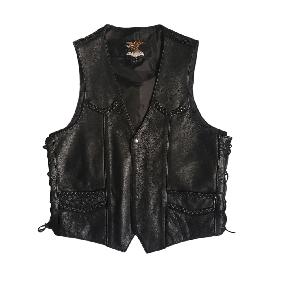 Jamin Leather men's black leather vest Size 40 lace up sides biker